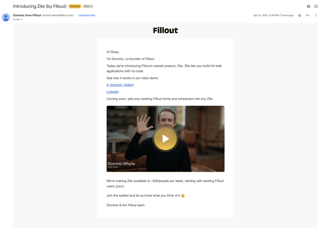 Screenshot of an email from FillOut introducing Zite, featuring Dominic Whyte with a demo video and links to X and LinkedIn.