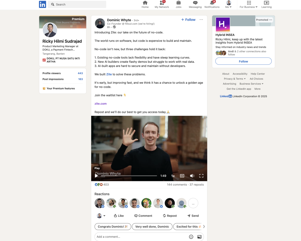 LinkedIn post by Dominic Whyte introducing Zite, listing three challenges of no-code tools, and including a video and waitlist link.