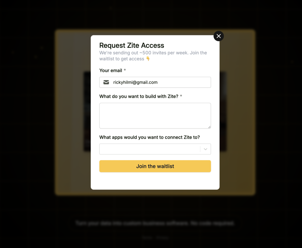 Zite waitlist form asking for email, intended use case, and connected apps, with a “Join the waitlist” button.